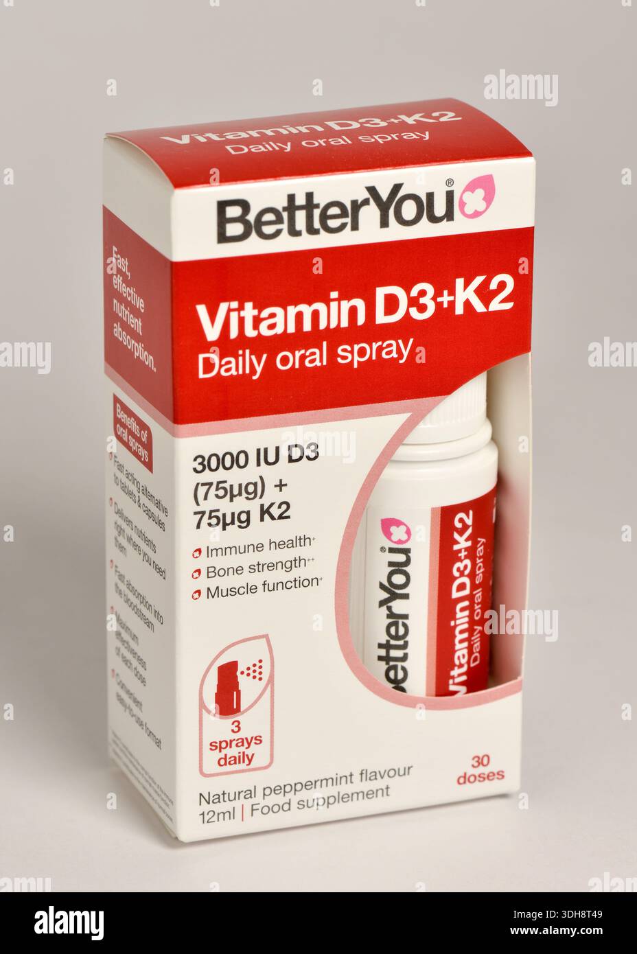 BetterYou Vitamin D3+K2 spray oral quotidien, emballage de produit de complément médical, gros plan, concept de santé et de nutrition Banque D'Images