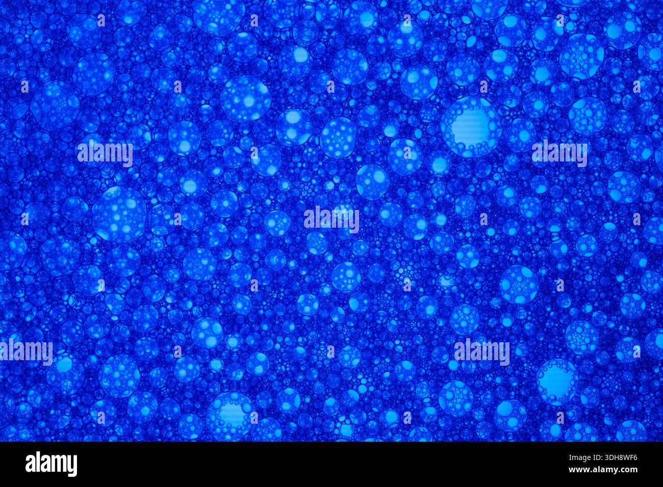 Un fond bleu avec de nombreux petits cercles bleus. Les cercles sont de tailles différentes et sont dispersés dans toute l'image Banque D'Images