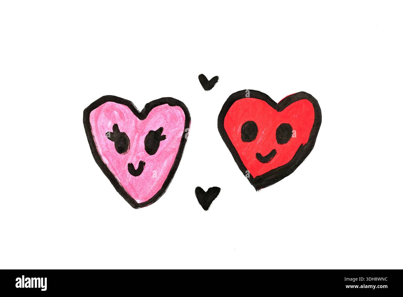 Deux coeurs avec un visage souriant sur eux. Les cœurs sont roses et rouges. L'image est un dessin de deux personnes amoureuses Banque D'Images