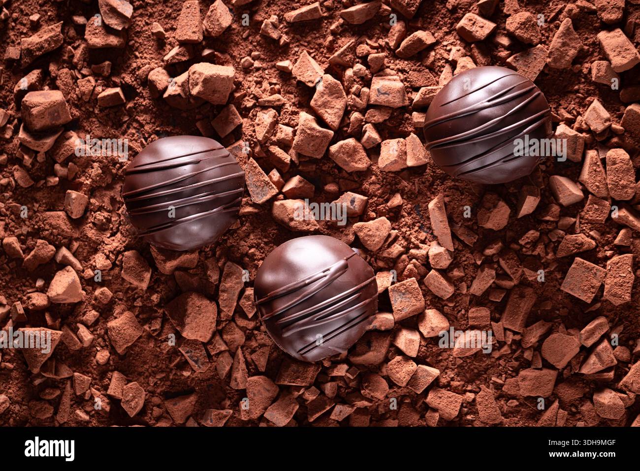 Praliné au chocolat noir sur barre de chocolat avec poudre de cacao. Praliné sur fond chocolat et cacao. Banque D'Images