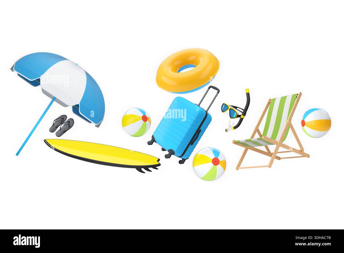 Les articles de vacances d'été, y compris les valises, les ballons de plage, la chaise et les accessoires isolés sur fond blanc, concept de voyage de vacances. Banque D'Images