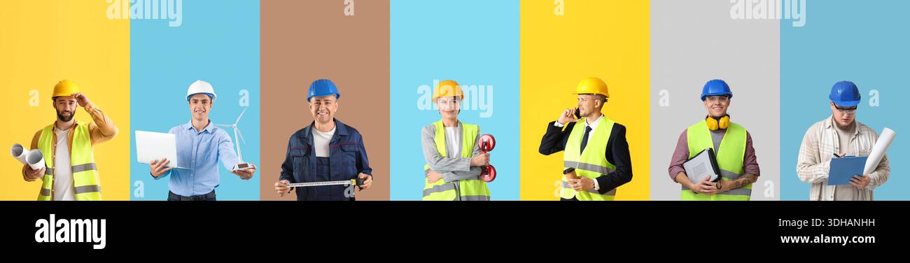 Ensemble de différents ingénieurs sur fond de couleur Banque D'Images