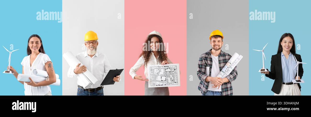 Ensemble de différents ingénieurs sur fond de couleur Banque D'Images