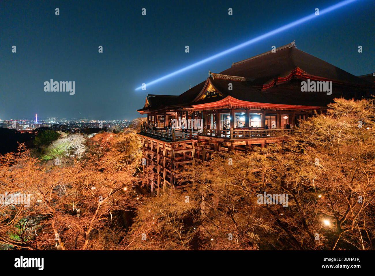 Kyoto, Japon - 2025 mars 26 : temple en bois emblématique de Kiyomizu dera avec faisceau lumineux sur le mont Higashiyama au printemps dans la nuit Banque D'Images