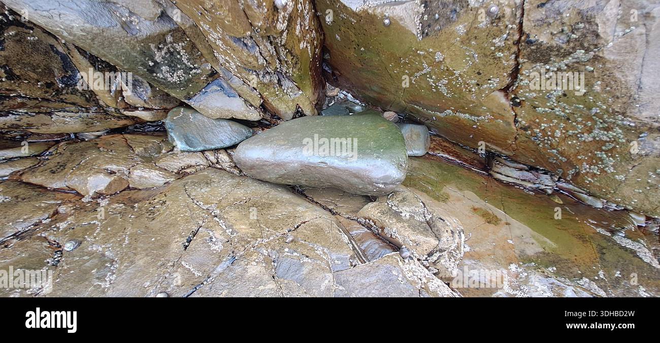 Pierres humides lisses nichées dans une crevasse rocheuse sur le rivage, créant une scène côtière tranquille Banque D'Images