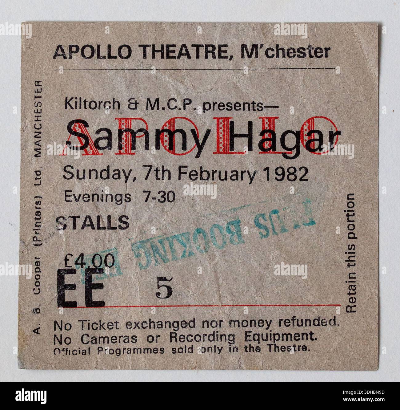 Billet de concert vintage des années 1980 pour SAMMY HAGAR à l'Apollo Theatre Manchester le vendredi 7 février 1982 Banque D'Images