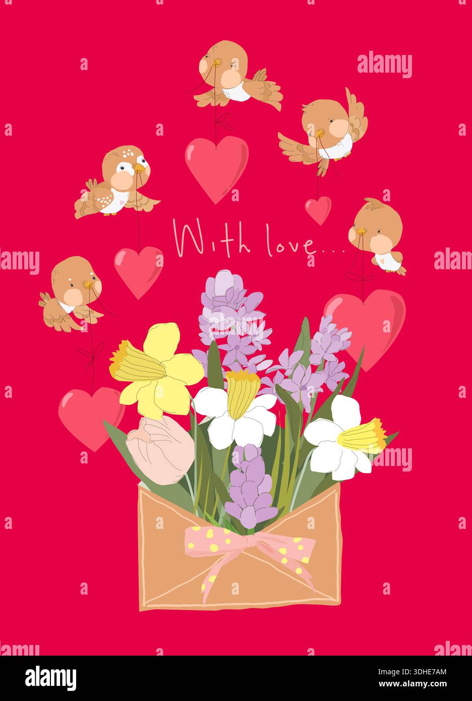 Illustration avec des oiseaux mignons tenant des coeurs roses au-dessus des fleurs de printemps. Saint-Valentin Illustration de Vecteur