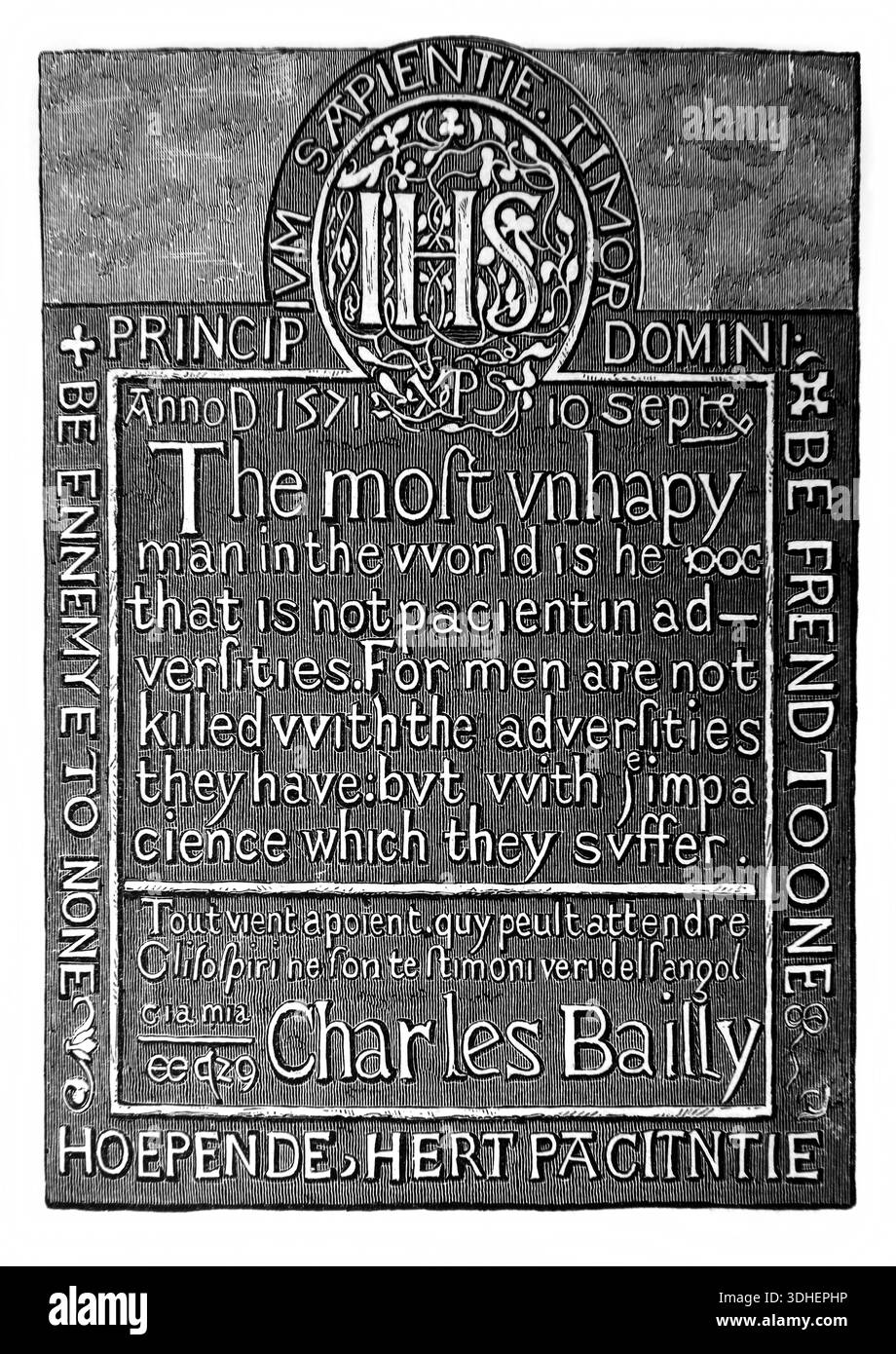 Illustration d'une inscription de sculpture par Charles Bailly lorsqu'il a été emprisonné dans la Tour de Londres 1571 à partir de l'édition de 1898 de A Short History of Banque D'Images