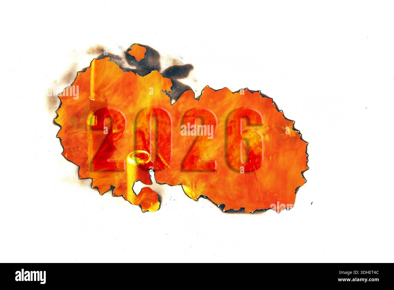 Illustration numérique numéro 2026 englouti dans le feu, visible à travers une ouverture déchiquetée et carbonisée. Représente un avenir turbulent, des troubles sociaux ou une chaleur de pro Banque D'Images