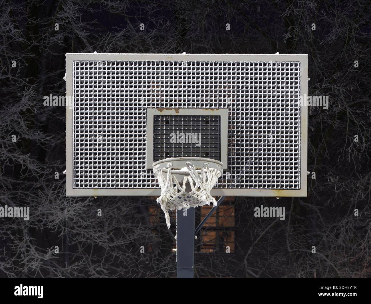 Cerceau de basket-ball givré la nuit sous le feu de la rue à Tartu, Estonie Banque D'Images