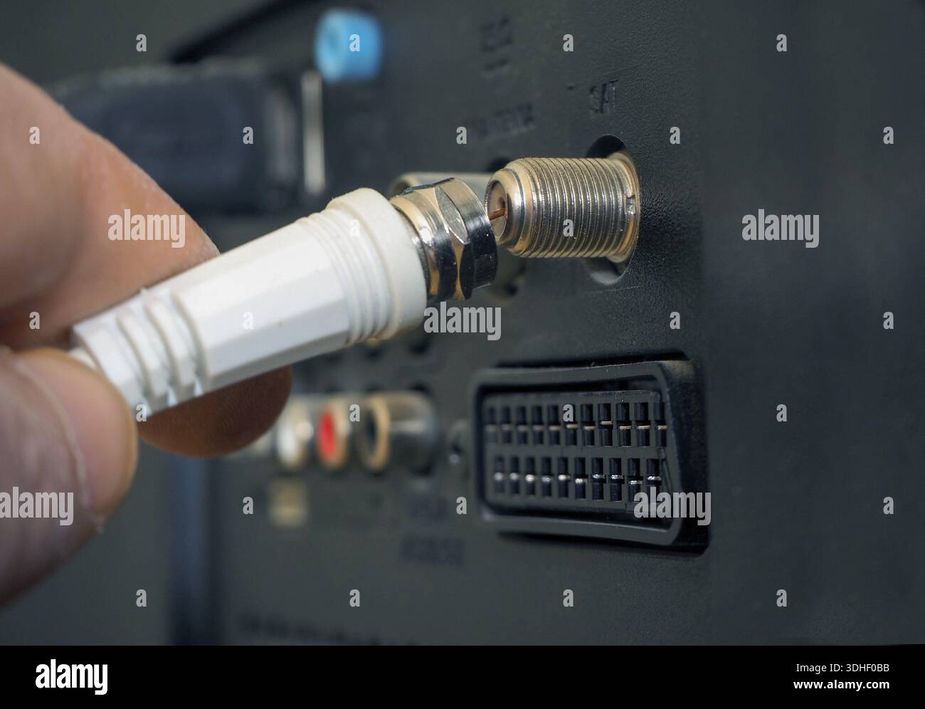 Branchement du connecteur d'antenne sur le système tv. Banque D'Images