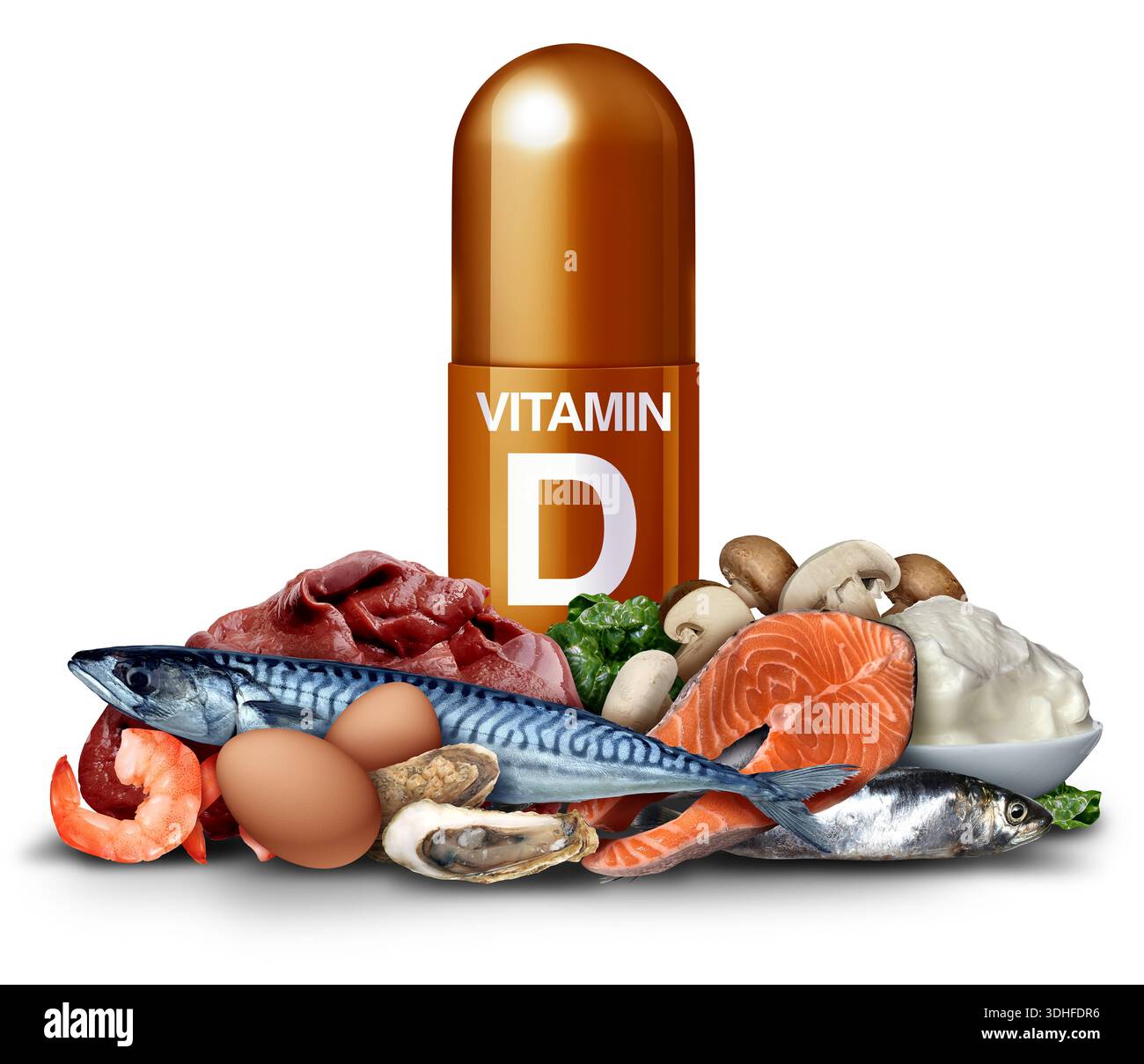Vitamine d concept comme supplément et nutrition diététique pilule nutritive capsule nutritive à partir d'oeufs de foie de boeuf gras poissons yogourt champignons pour le système immunitaire et o Banque D'Images
