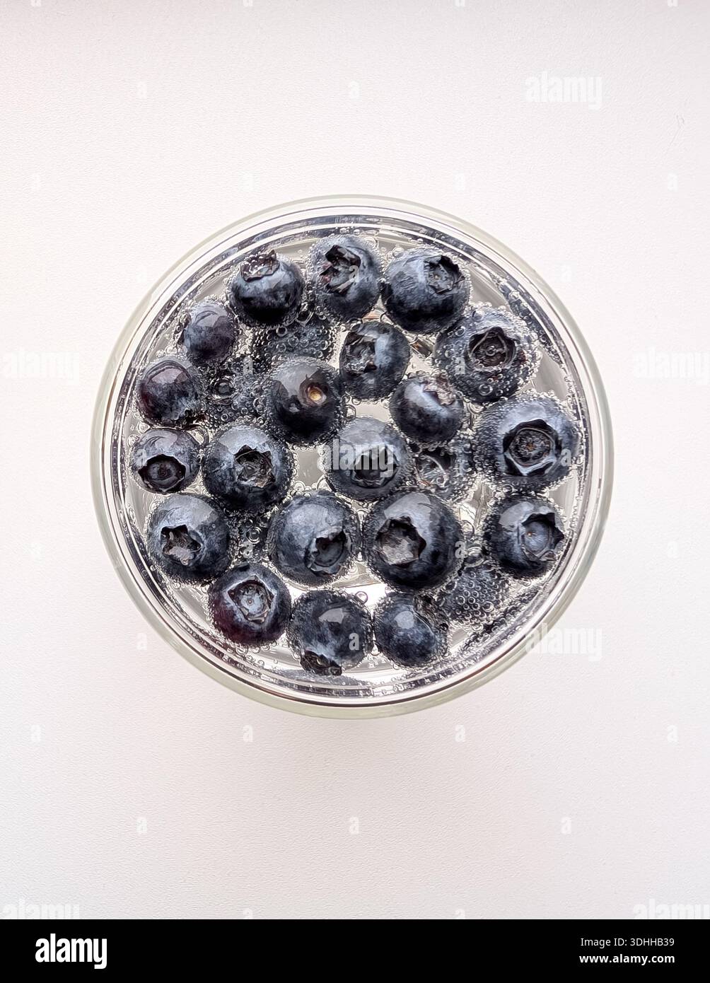 Vue de dessus de bleuets biologiques frais flottant dans de l'eau gazeuse pétillante avec des bulles dans un bol en verre sur fond blanc. Banque D'Images