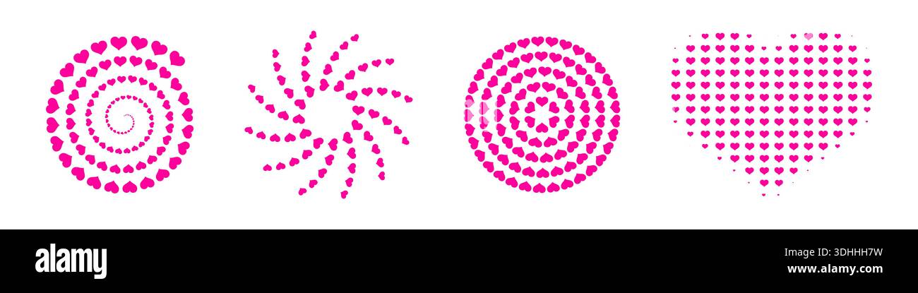 Éléments de conception de coeur dans les styles spirale, cercle et demi-ton. Formes géométriques romantiques faites de petits coeurs, idéales pour les cartes de Saint-Valentin, amour Illustration de Vecteur