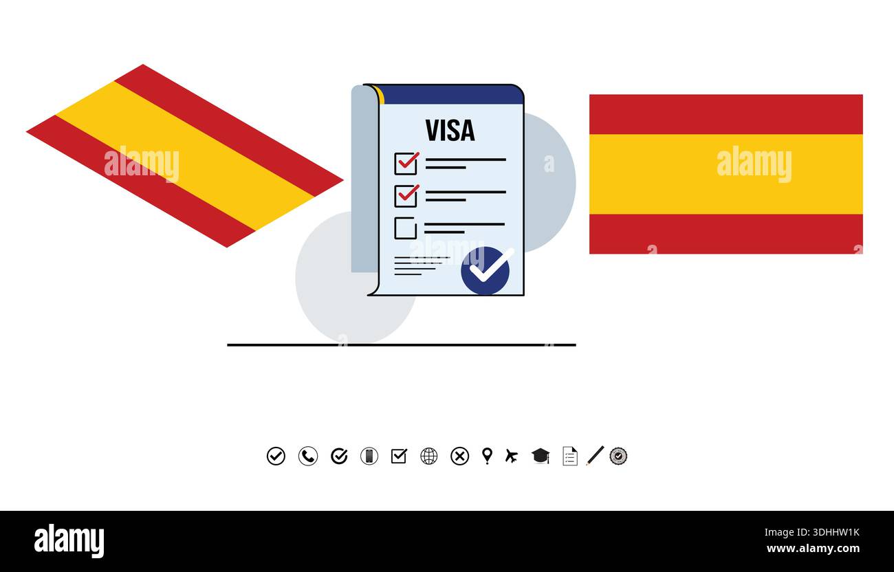 Espagne drapeaux, document Visa Checklist, autorisation de voyage et illustration des icônes de voyage mondiales. Illustration de Vecteur