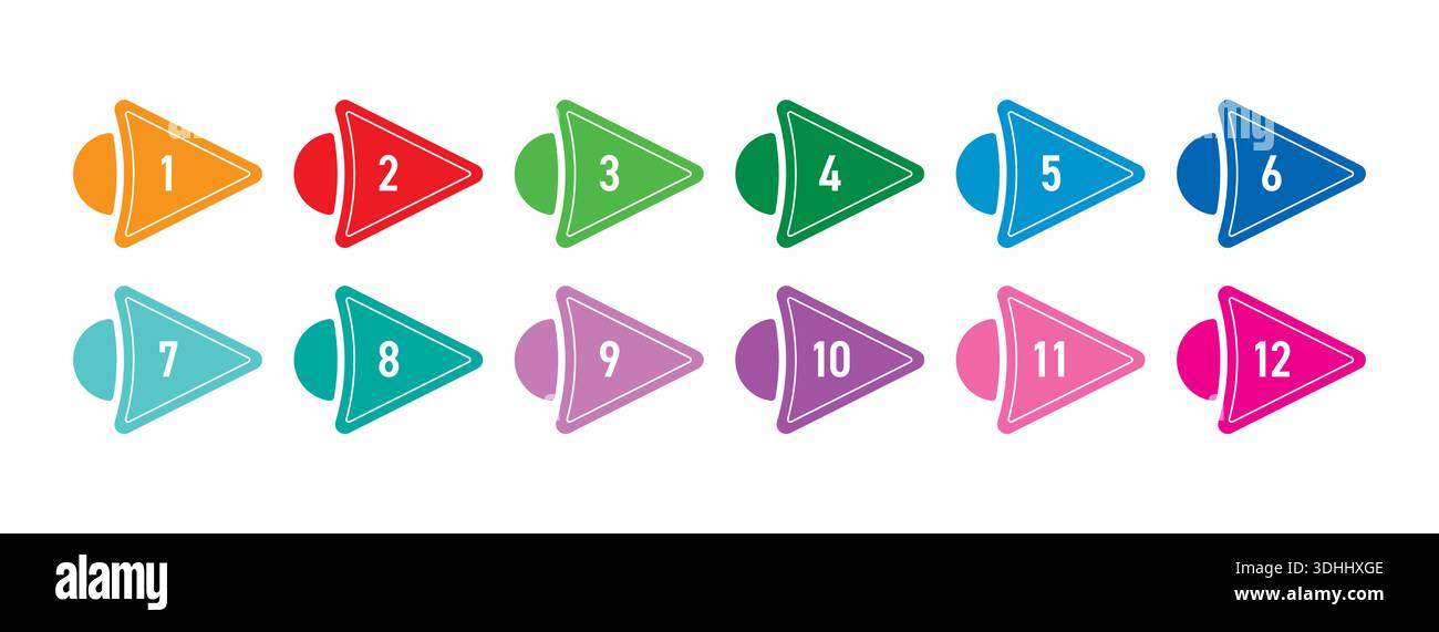 Ensemble de nombres, nombres colorés, symboles de nombres icône de vecteur de chiffres avec cercle coloré, ensemble de nombres géométriques colorés sur fond blanc Illustration de Vecteur