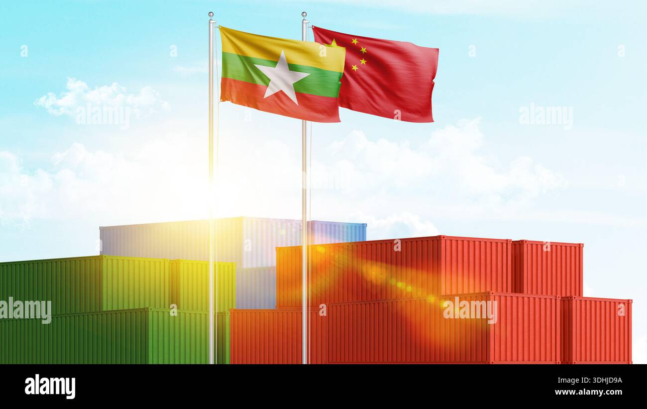 Logistique, fret et relations maritimes entre le Myanmar et la Chine. Importation et exportation de marchandises et de matières premières. Concept d'entreprise et de collaboration. Banque D'Images