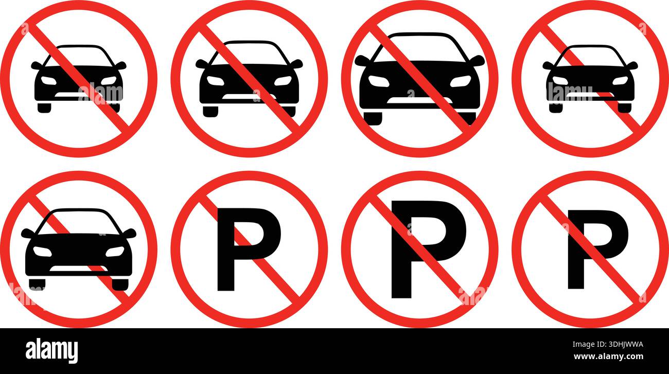 Pas de stationnement et pas de panneaux d'interdiction d'entrée de véhicule avec des symboles de voiture et de stationnement Illustration de Vecteur