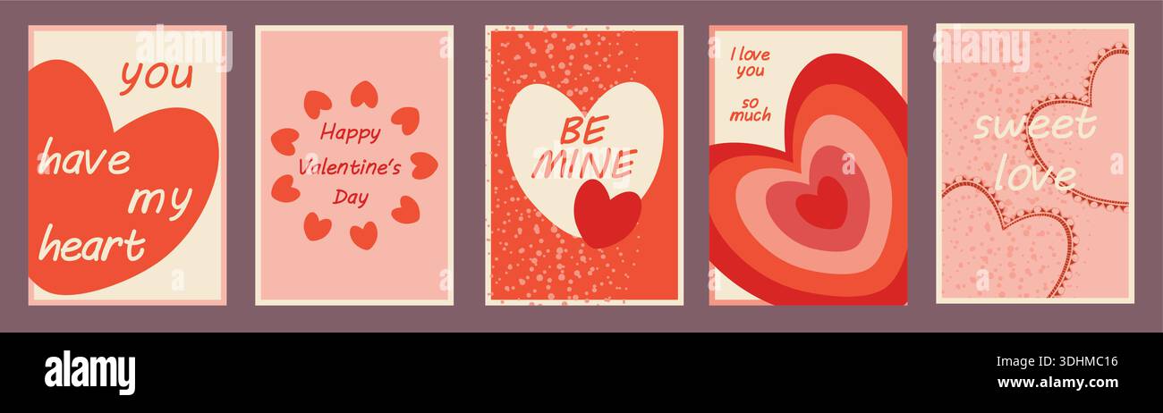 Un lot de cinq cartes de Saint-Valentin simples avec différentes inscriptions manuscrites dans un style rétro. Parfait pour salutations, invitations, publicité, Illustration de Vecteur
