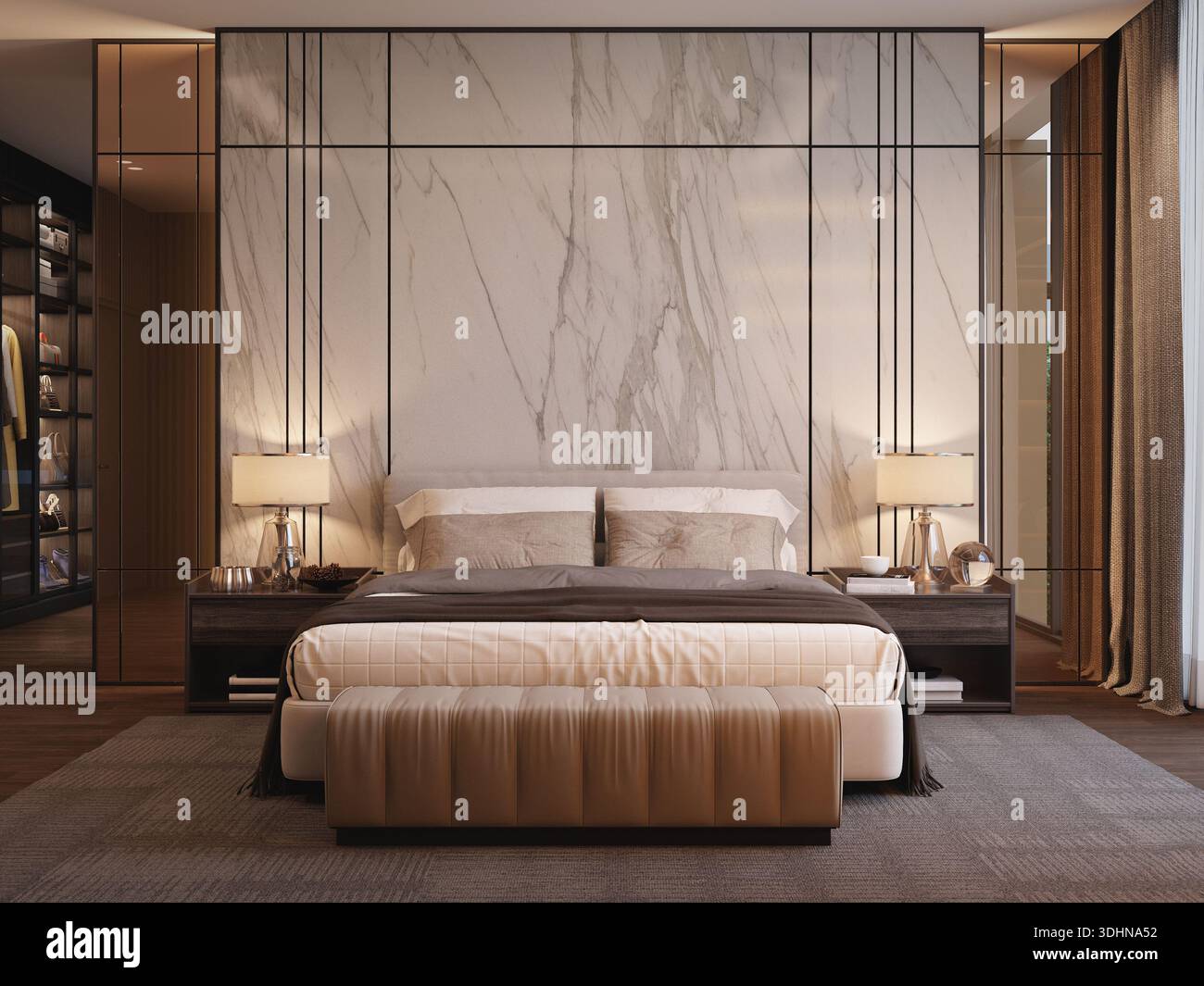 Chambre de luxe dans un style moderne avec rendu Marble.3D. Banque D'Images