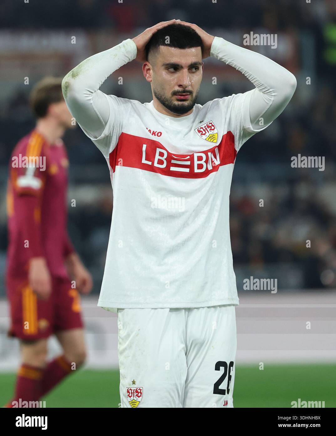 Rome, Italie. 22 janvier 2026. Deniz Undav de Stuttgart réagit lors du match de phase de l'UEFA Europa League 2025/26 entre Roma et Stuttgart de l'UEFA Europa League à Rome, Italie, le 22 janvier 2026. Crédit : Li Jing/Xinhua/Alamy Live News Banque D'Images