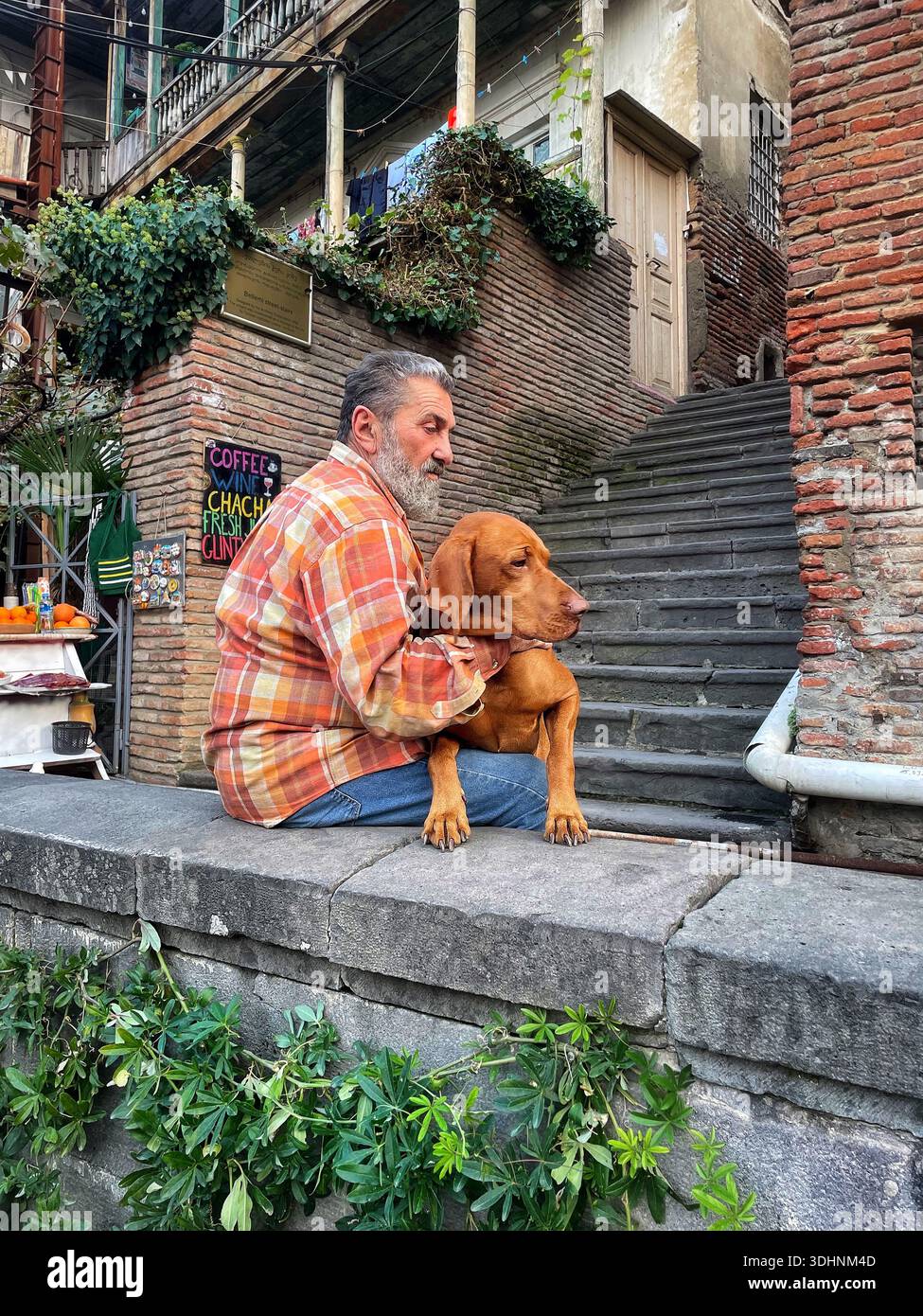 Homme tenant chien sur escalier à côté du café, Tbilissi, Géorgie – 23 septembre 2024 Banque D'Images