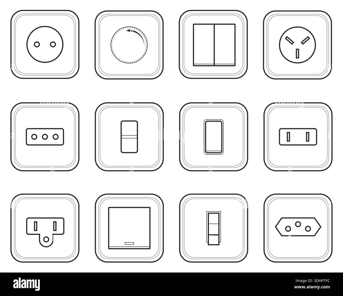 Changer d'icône de ligne. Différents types de boutons-poussoirs électriques, prises, voyant d'alimentation, connexion on OFF, poussoirs et twirlers, installation électrique, variateur Illustration de Vecteur