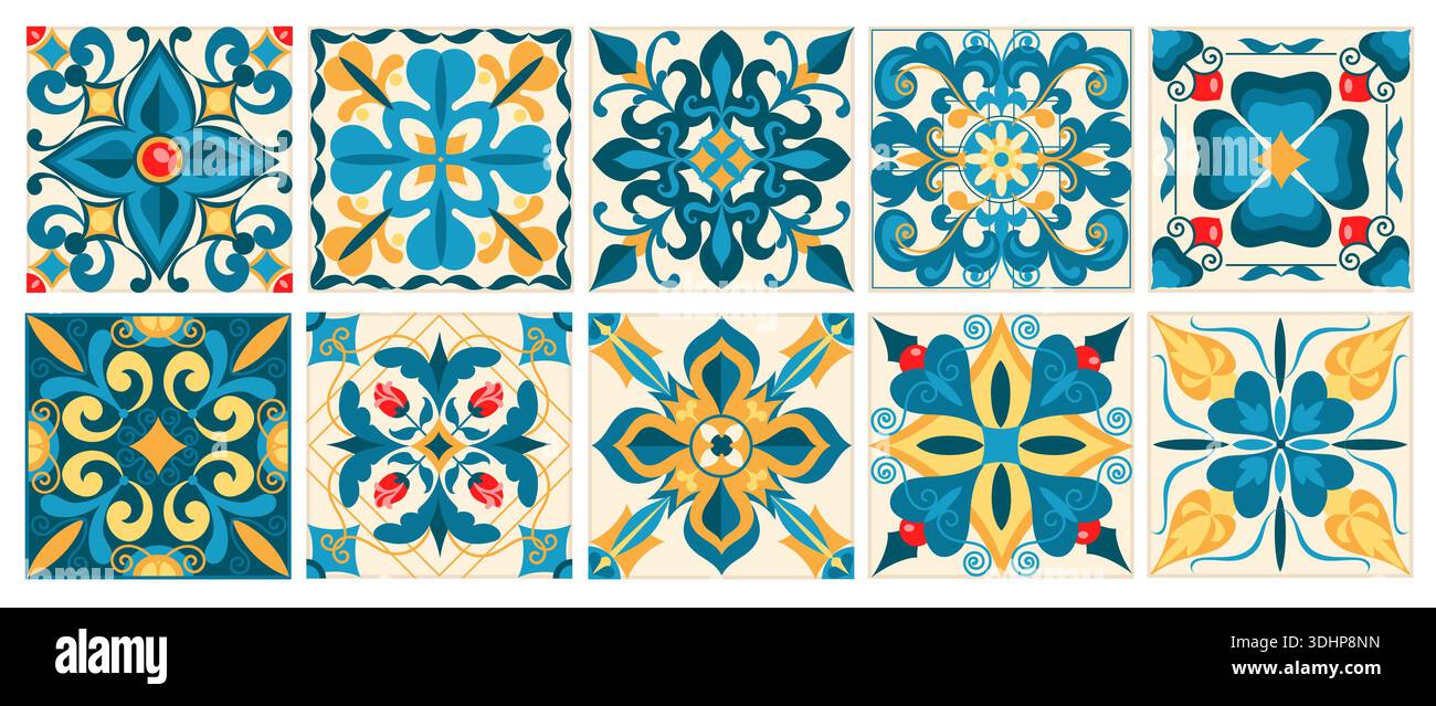 Tuiles méditerranéennes. Style azulejo, motifs enfermés dans des formes carrées, céramique portugaise, turque ou espagnole, ornements floraux géométriques, orientaux Illustration de Vecteur