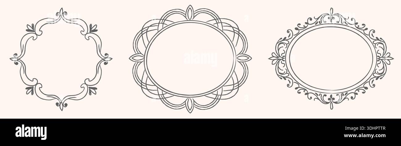 Élégants cadres ornementaux dessinés à la main avec des courbes florales et détail dentelle vintage. Bordures décoratives rondes et ovales. Conception classique découpée en papier pour Illustration de Vecteur