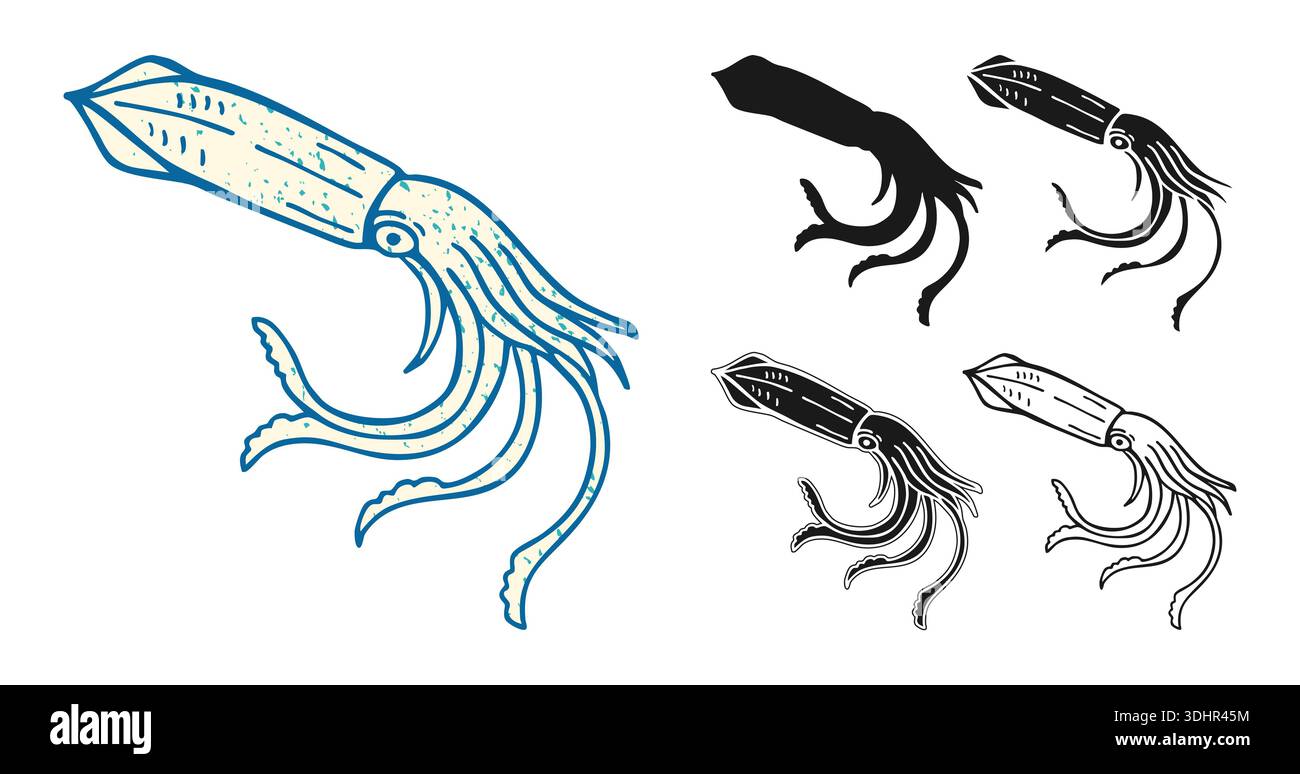 Illustration vectorielle de calmar dans le style d'esquisse à l'encre dessinée à la main avec des tentacules. Ambiance de gravure rétro vintage, créature marine, dessin détaillé de la ligne grunge et art isolé de silhouette noire audacieuse Illustration de Vecteur