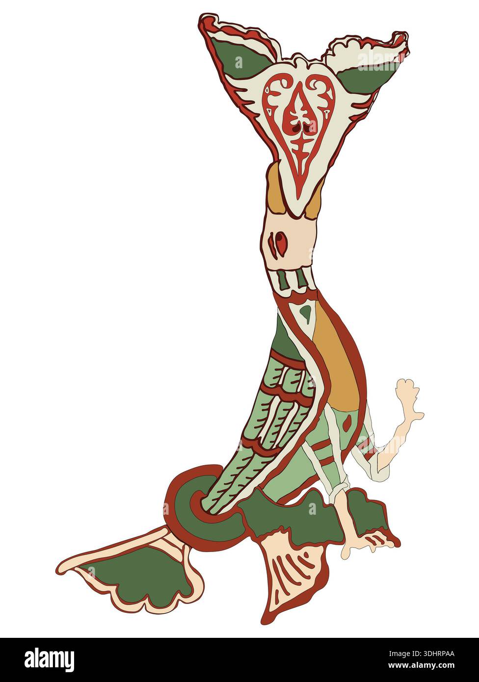 Une figure ethnique complexe dessinée à la main ou une créature semblable à un oiseau avec des motifs traditionnels verts, rouges et aux tons de terre inspirés de l'historique Balkan f Banque D'Images