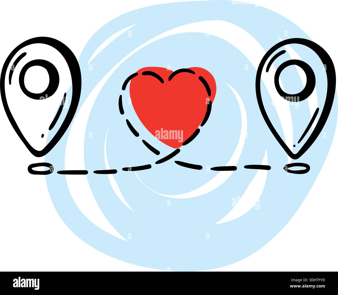 Deux icônes d'épingle de carte connectées par le cœur et la ligne pointillée, relation longue distance et voyage pour le concept d'amour, doodle dessiné à la main. Illustration de Vecteur