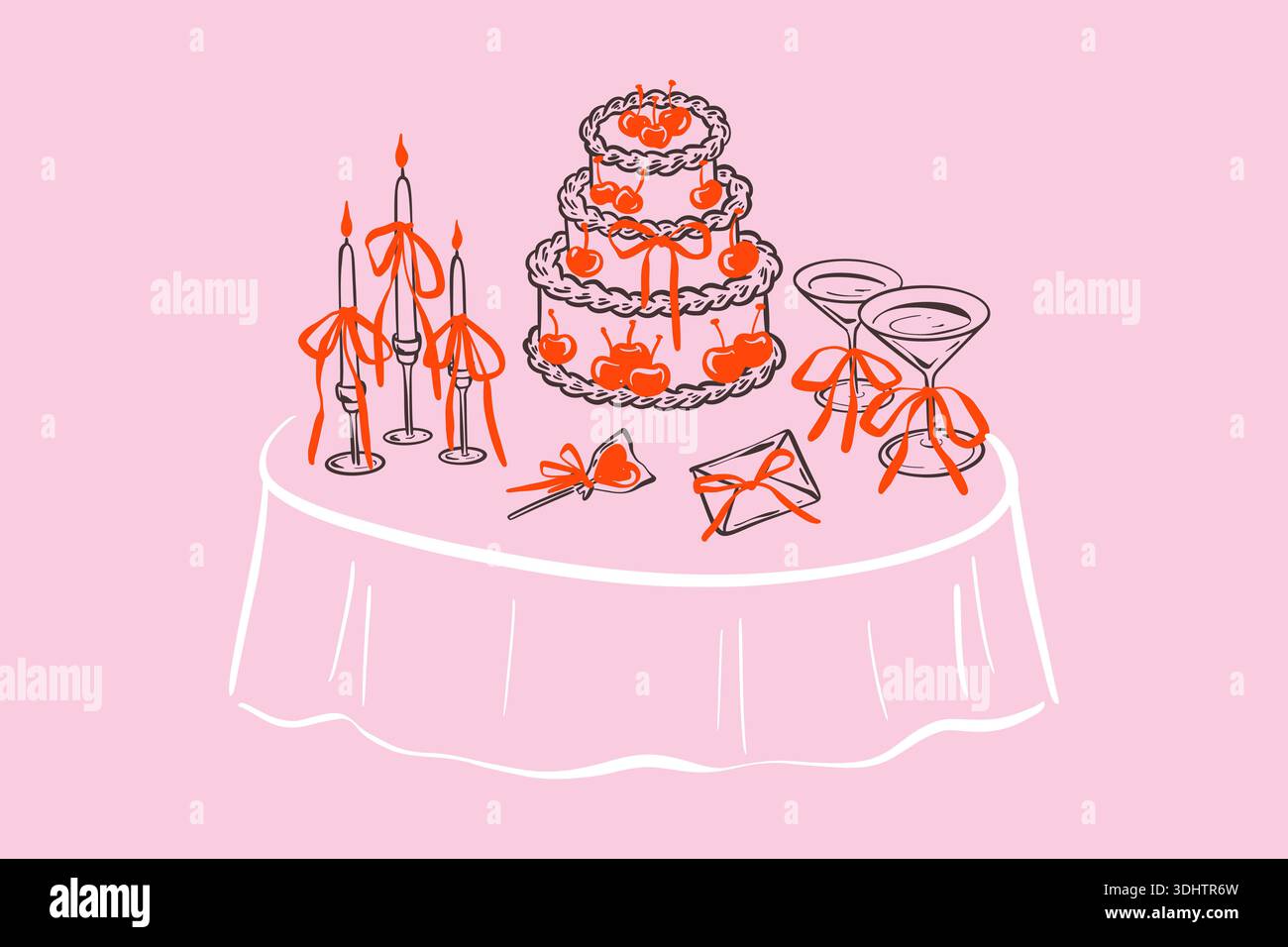 Romantique coquette anniversaire doodle table de dîner avec gâteau aux cerises, bougies, verres à cocktail martini avec de mignons noeuds fantaisistes. Mariage, bachelorette par Illustration de Vecteur