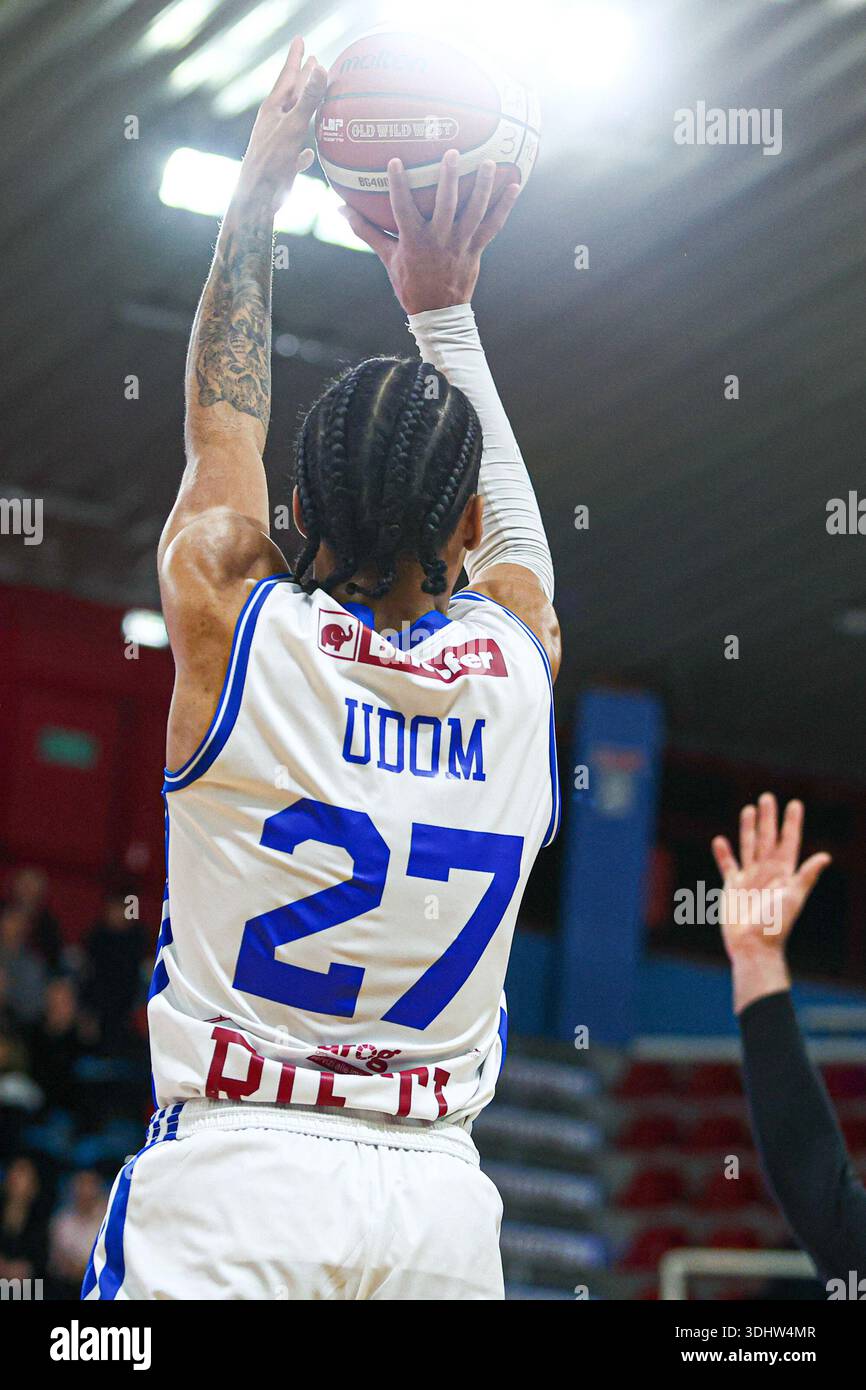 #27 Liam Udom (ITA) - RSR Sebastiani Rieti pendant Real Sebastiani Rieti vs Dole basket Rimini - Stagione 2025-26 Campionato Italiano Pallacanestro - Banque D'Images