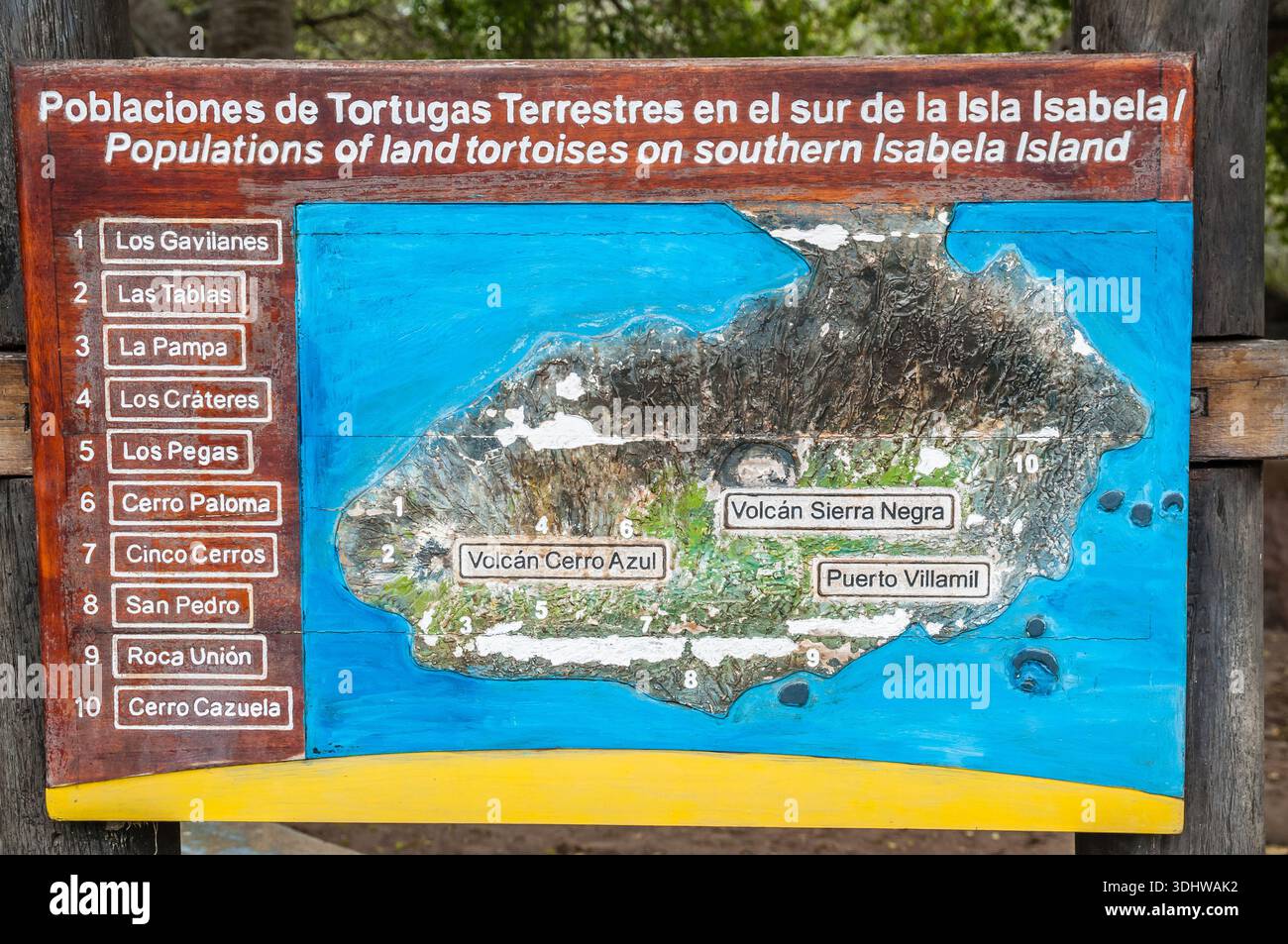 Carte montrant les populations de tortues terrestres dans le sud de l'île Isabela, Puerto Villamil, île Isabela, îles Galapagos Banque D'Images