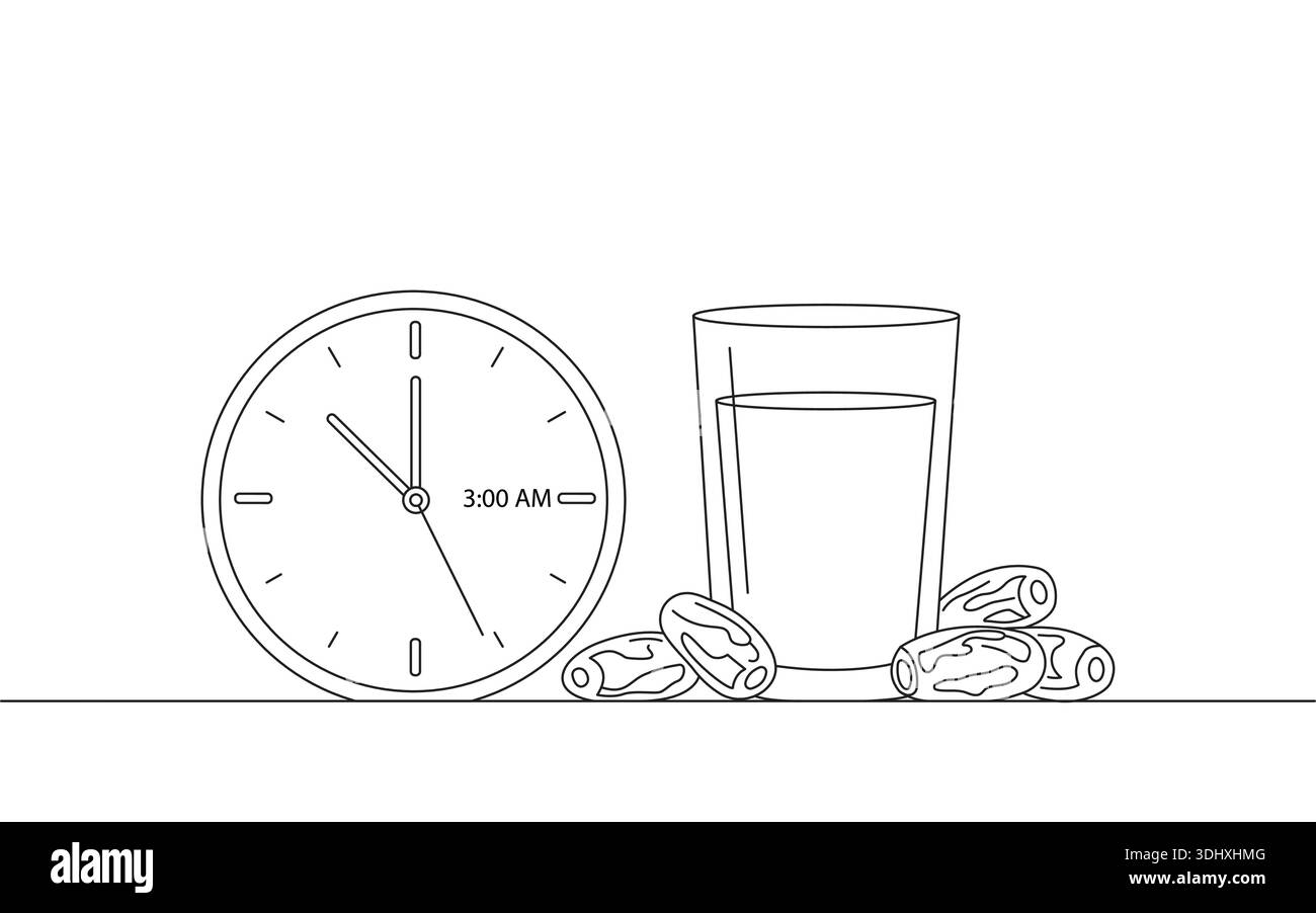 Ramadan Sehri Time concept avec horloge, verre d'eau et dattes fruit illustration vectorielle Illustration de Vecteur