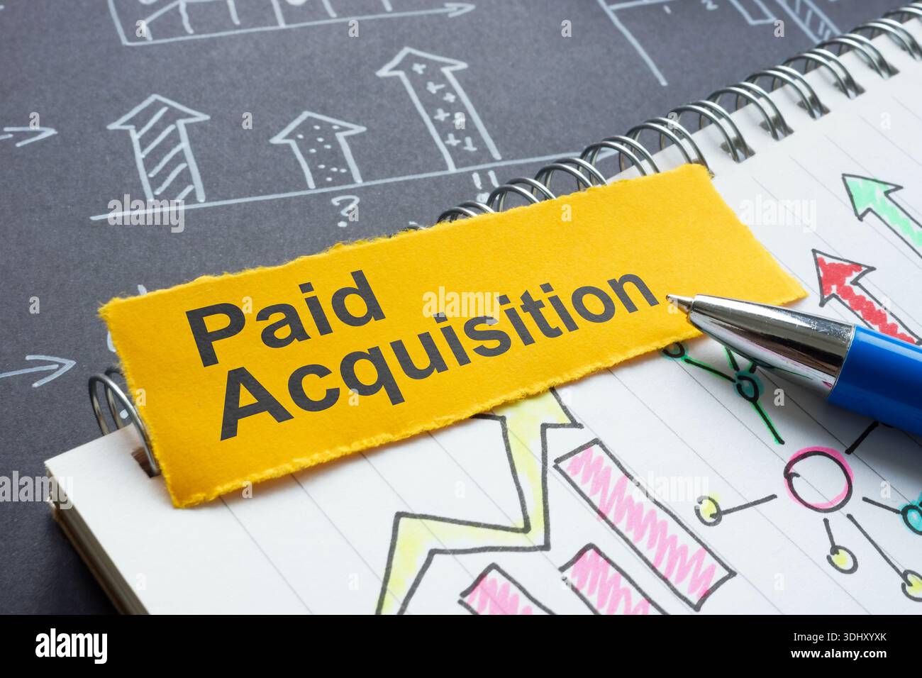 Acquisition payante avec graphiques. Efficacité des dépenses marketing. Banque D'Images