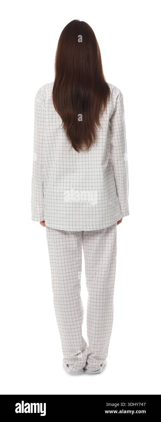 Belle femme en pyjama élégant sur fond blanc, vue arrière Banque D'Images