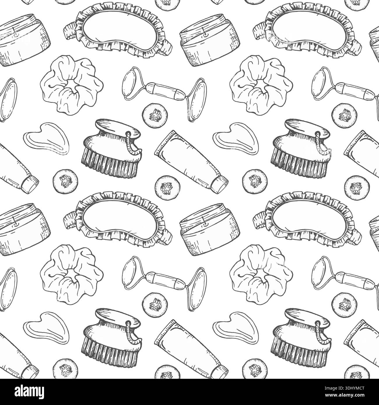 Motif sans couture d'illustration d'encre avec des pots cosmétiques, rouleau de massage, brosse corporelle, savon, gommage et masque pour les yeux, dessin au trait graphique pour l'image de marque de bien-être, BE Banque D'Images