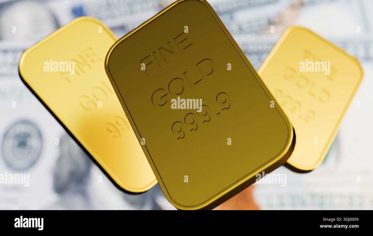 Rendu 3D de lingots « 999,9 Fine Gold » empilés avec des billets de 100 $ nets sur une surface propre. Banque D'Images