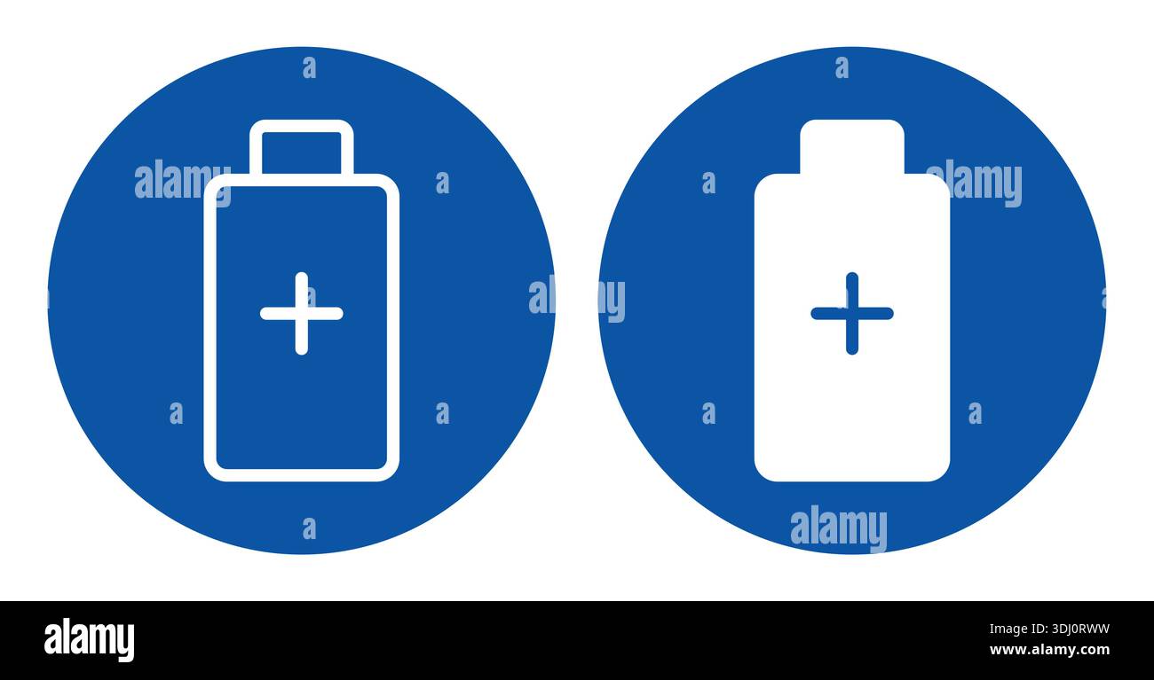 Deux icônes d'indicateur de charge de la batterie avec un signe plus, conçu en bleu et blanc. Idéal pour représenter des concepts énergétiques ou des appareils électriques dans un Illustration de Vecteur