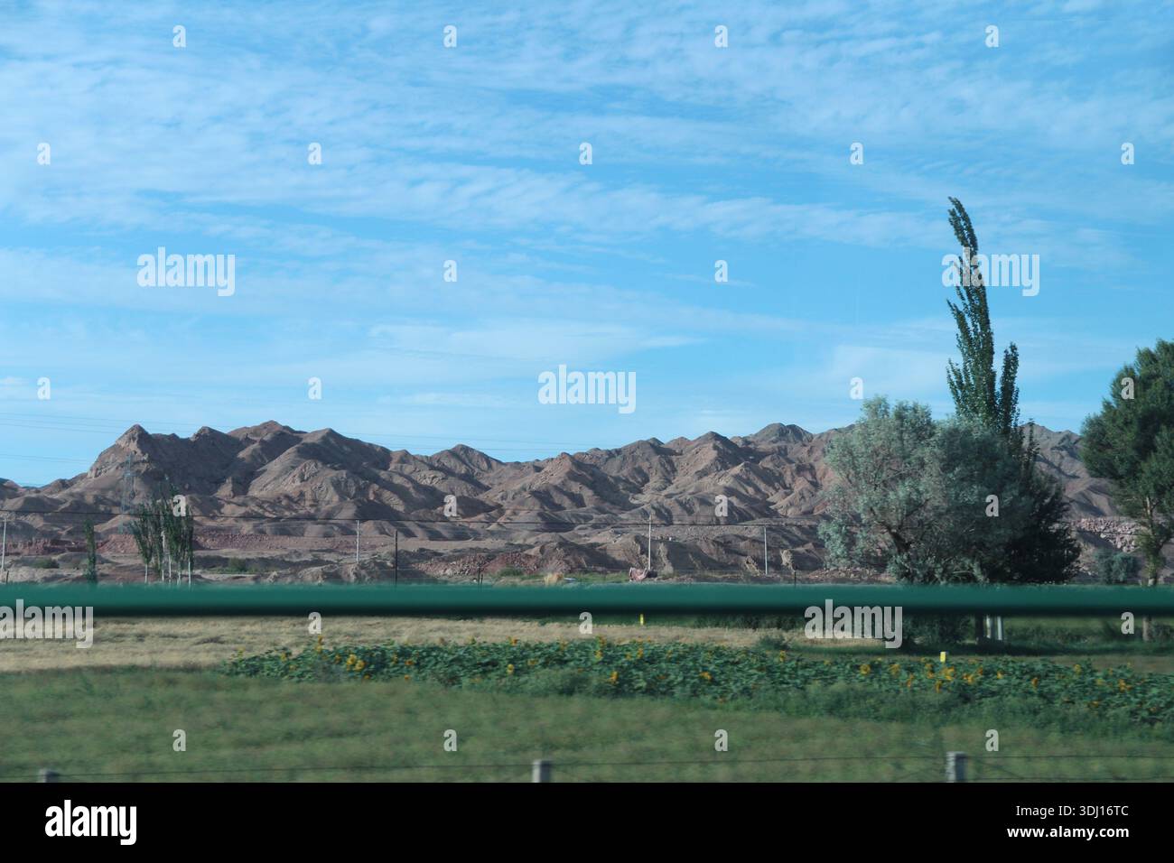 Paysage de Gobi le long de la route avec des montagnes et des cultures de tournesol dans une journée ensoleillée, province de Gansu en Chine Banque D'Images