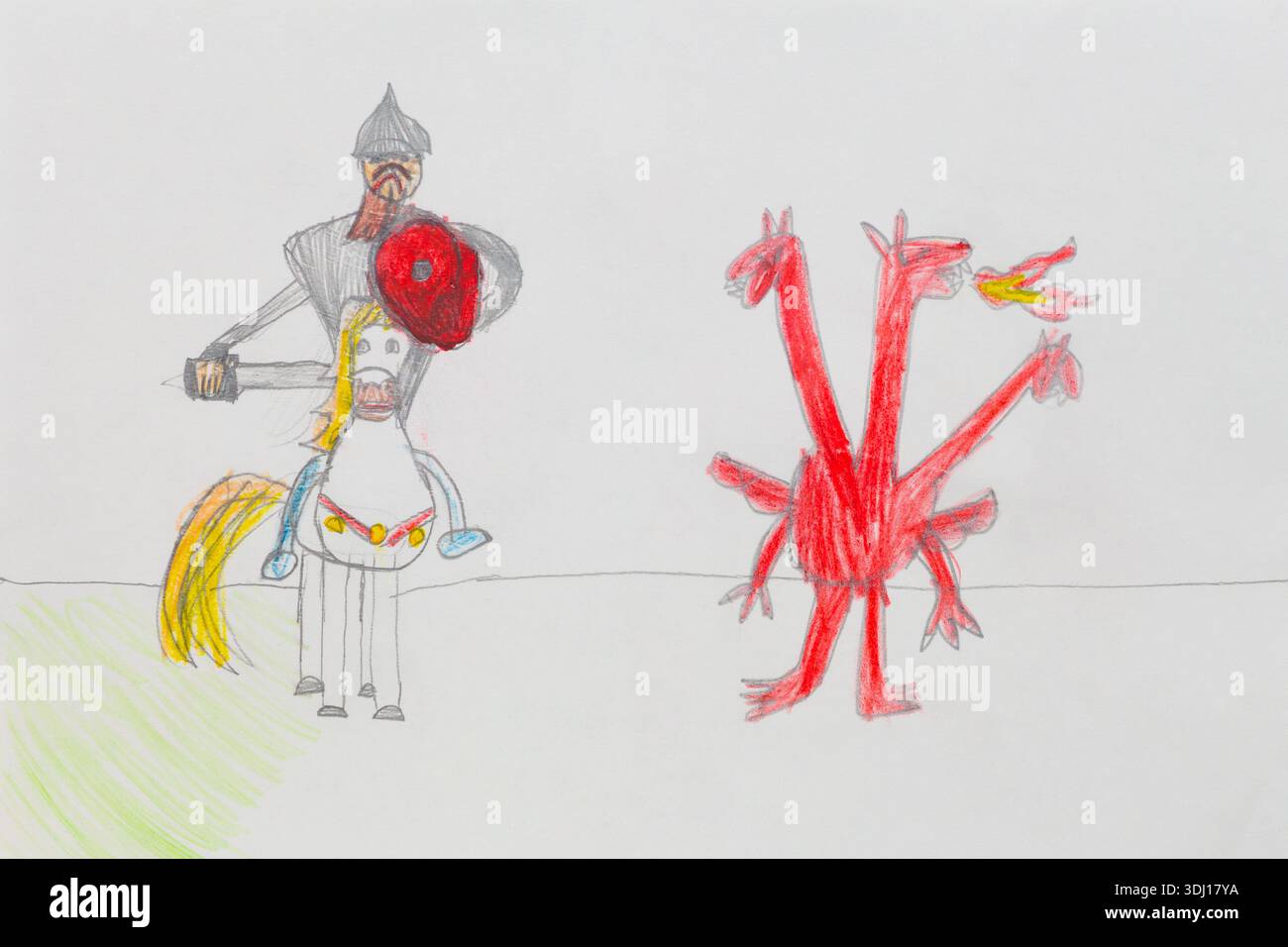Illustration au crayon par un enfant représentant un bogatyr montant à cheval et faisant face à Zmey Gorynych Banque D'Images