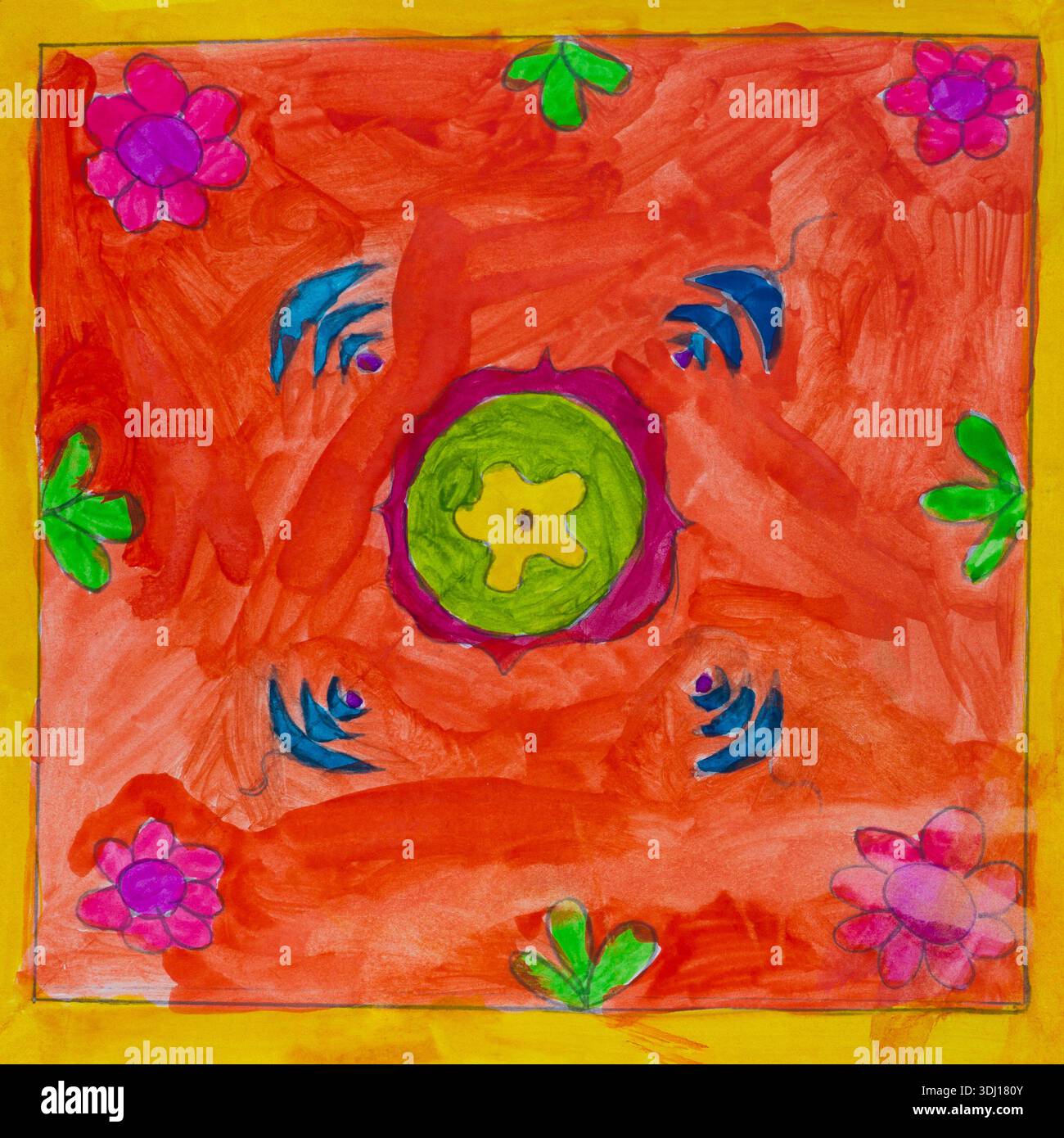 Mandala floral vibrant dessiné à la main avec fond orange Banque D'Images