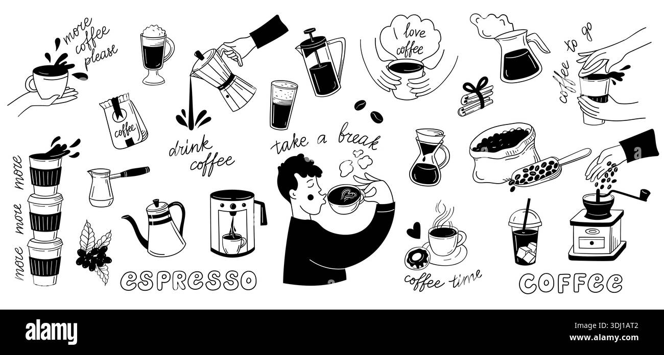 Ensemble d'icônes de doodle d'espresso et de café avec des outils de barista, moulin à café et cafetière, pour l'emballage du menu de café, autocollants de médias sociaux. Vecteur Illustration de Vecteur