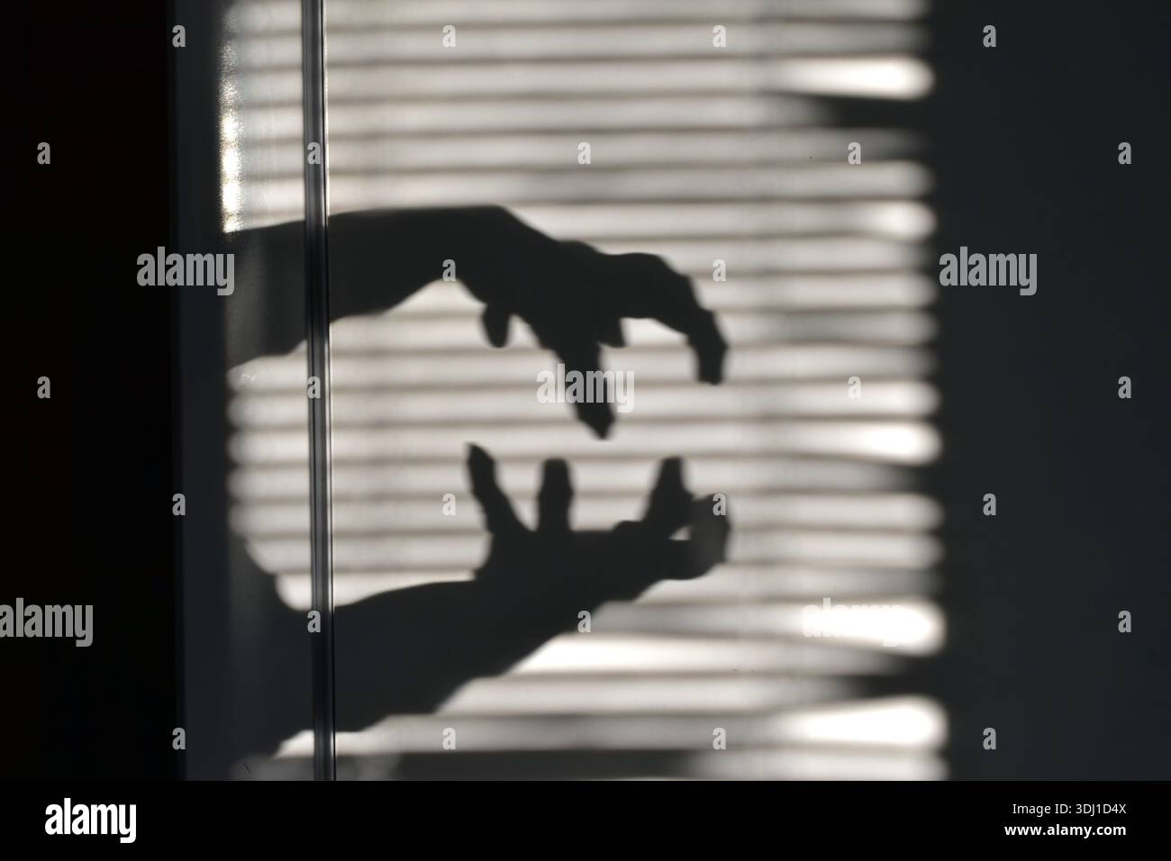 Le jeu de lumière et d'ombre de la lumière du soleil sur le mur. La silhouette des mains, les ombres des mains avec les doigts serrés contre l'ombre des aveugles Banque D'Images