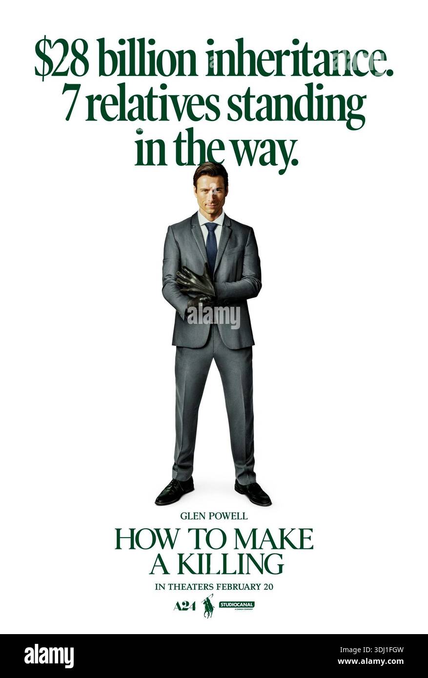 How to Make a Killing (2026) réalisé par John Patton Ford avec Glen Powell, Margaret Qualley et Ed Harris. Désavoué à la naissance par sa famille incroyablement riche, Becket Redfellow, col bleu, éclose un complot meurtrier pour récupérer la fortune de plusieurs milliards de dollars qu'il croit être légitimement la sienne. Affiche avancée AMÉRICAINE UNIQUEMENT POUR USAGE ÉDITORIAL. Crédit : BFA / A24 Banque D'Images