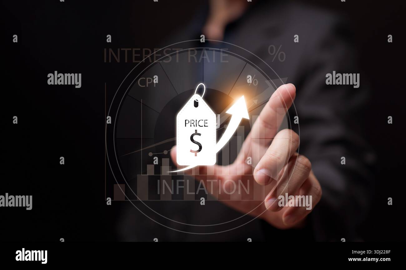 Le prix et le coût de la vie augmentent le concept. Homme d'affaires montre l'icône d'étiquette de prix avec flèche montante, jauge, IPC, et graphique de taux d'intérêt. Inflation économique Banque D'Images