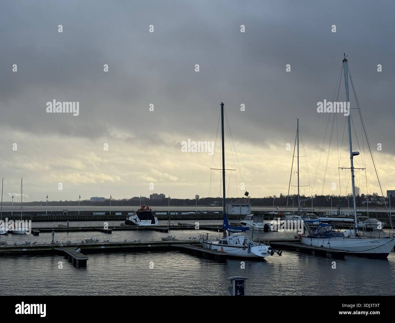 Voiliers amarrés dans une marina tranquille sous un ciel couvert spectaculaire, une eau calme et une lumière tamisée créant une atmosphère côtière paisible. - Image de stock capturée avec un smartphone