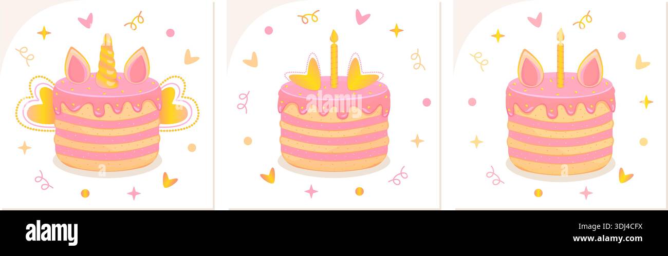 Ensemble de couleurs de gâteau d'anniversaire mignon. Tarte festive à la licorne, pâtisserie avec bougie et oreilles. Dessert cuit au four rose et jaune avec crème et confettis. Vecteur coloré Illustration de Vecteur